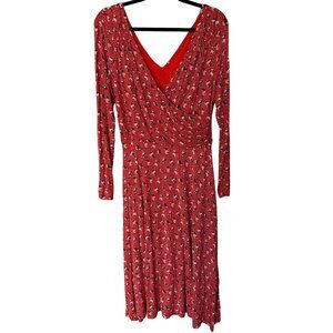 Boden Size M Red Floral Georgia Long Sleeve Draped Knee Length Faux Wrap Dress